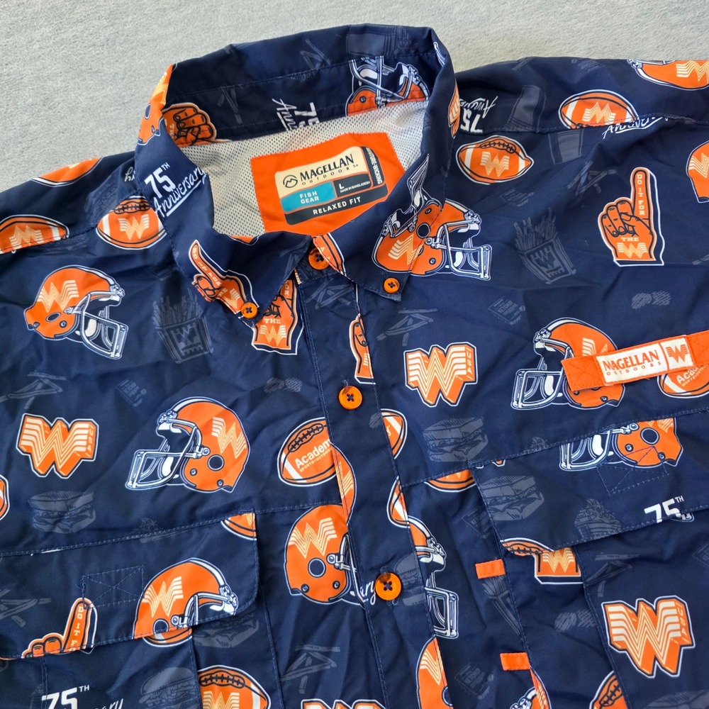 Magellan Outdoors Whataburger 75th Anniversary Fishing Shirt Mens Large Navy